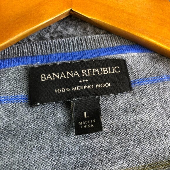 Banana Republic Sweater Mens Large Gray Blue Striped 100% Merino Wool Casual - Picture 2 of 8